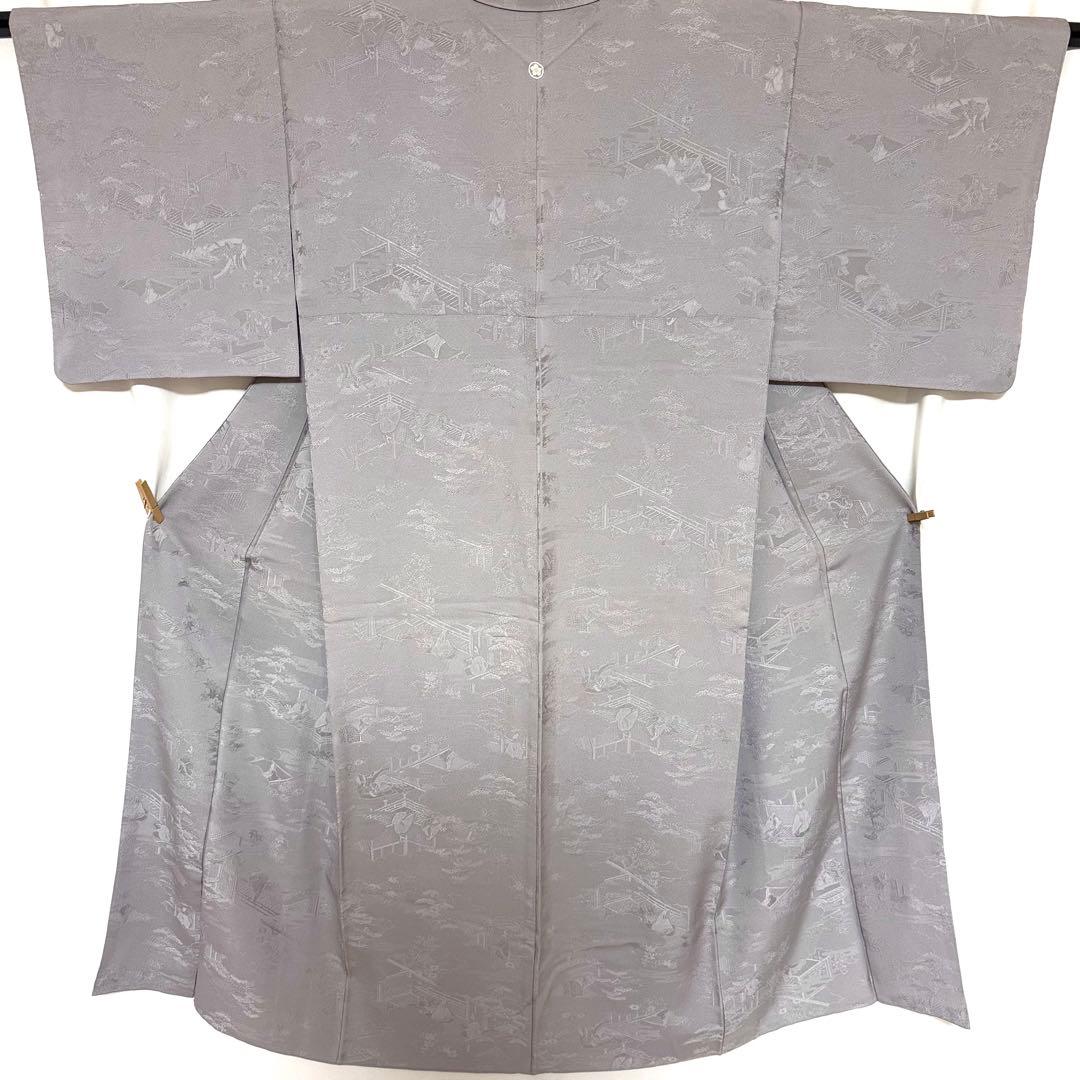 5k3091 着物　正絹　袷　色無地　一つ紋　家紋　グレー　地紋　無地　和装