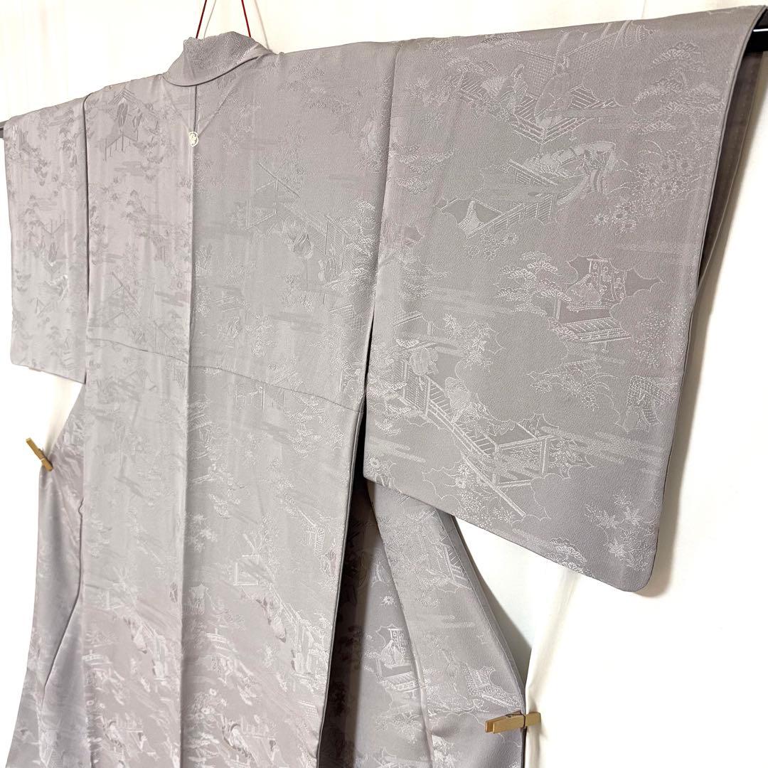 5k3091 着物　正絹　袷　色無地　一つ紋　家紋　グレー　地紋　無地　和装