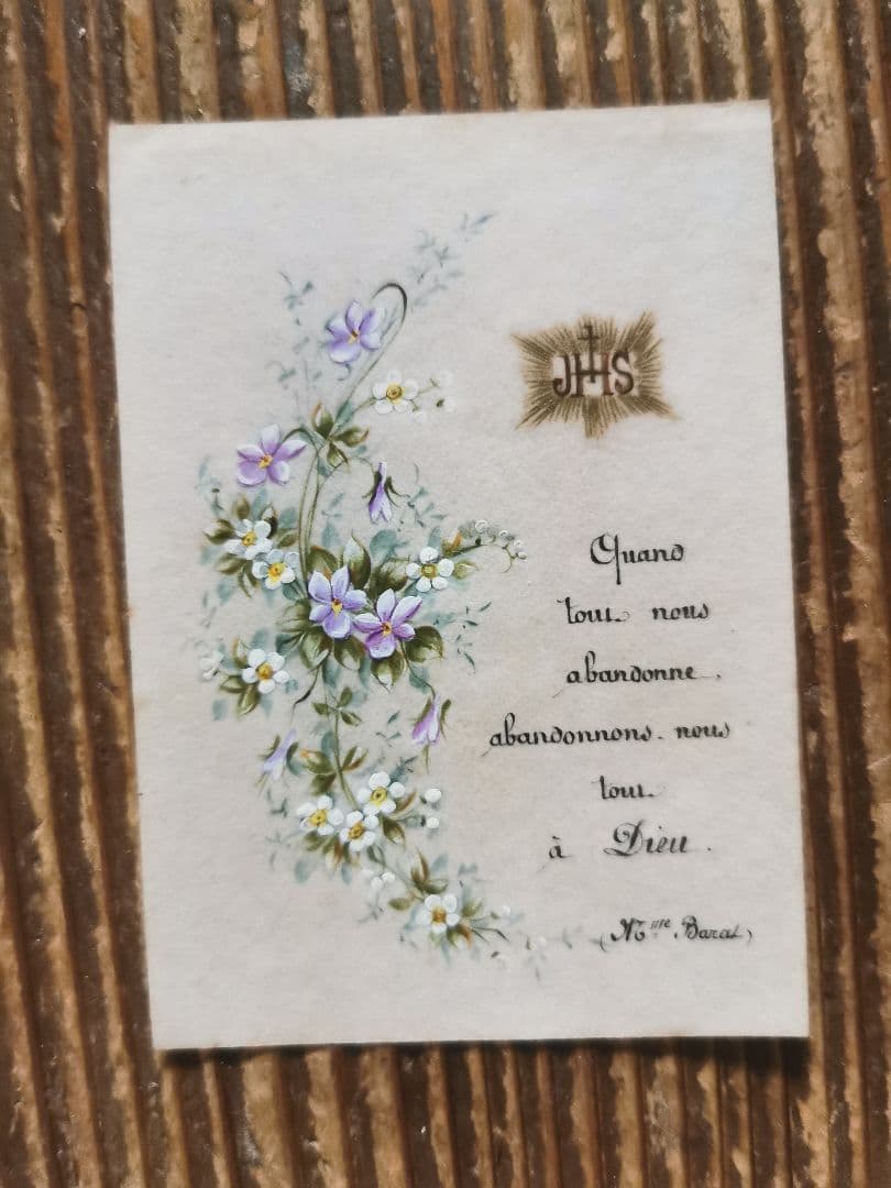 アンティーク 手描ホーリーカード フランス ベルギー 矢車草 初聖体式 菫と菊