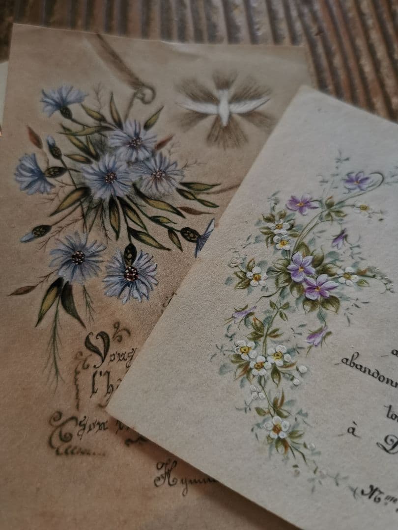 アンティーク 手描ホーリーカード フランス ベルギー 矢車草 初聖体式 菫と菊