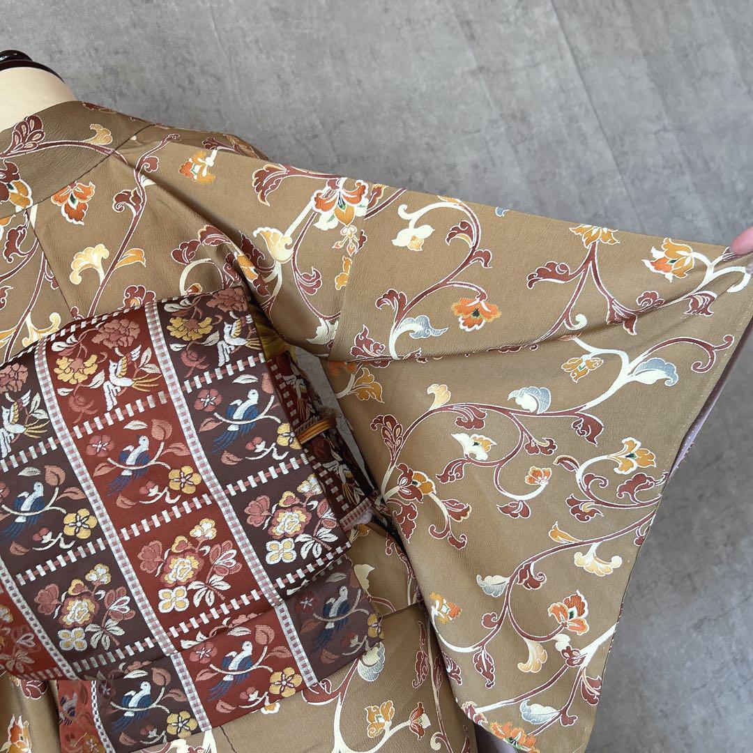 小紋　フルセット　着物　正絹　唐草　マスタードイエロー