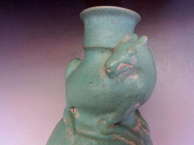 花瓶■唐物馬乗箆目青釉瓶 古い花器 花入 古玩 中国 古美術 時代物 骨董品■