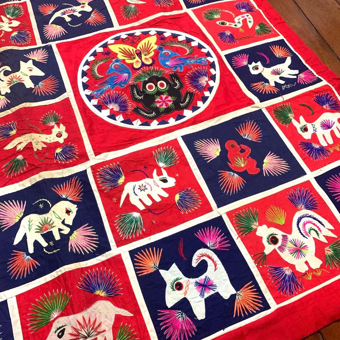 貴重！vintage♡パッチワークキルト大判　チャイナ刺繍　ラグ　ブランケット