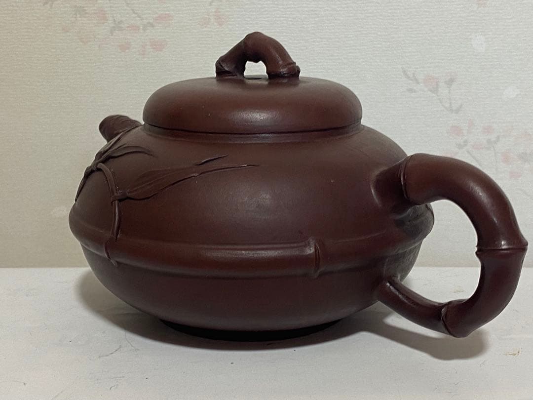 ♦中国？紫泥 梨地 紫砂 竹節 浮き彫り文様 茶壺？宜興窯 煎茶 茶道具 骨董品