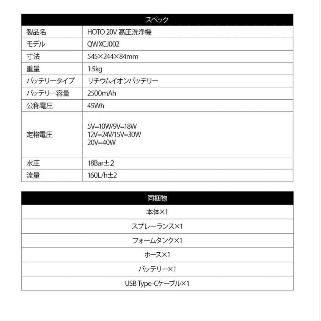 HOTO Washer Pro 20V 高圧洗浄機 バッテリー式