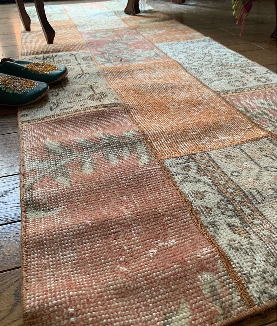 ササ　ペールオレンジ　ランナー　174×65 トルコヴィンテージラグ