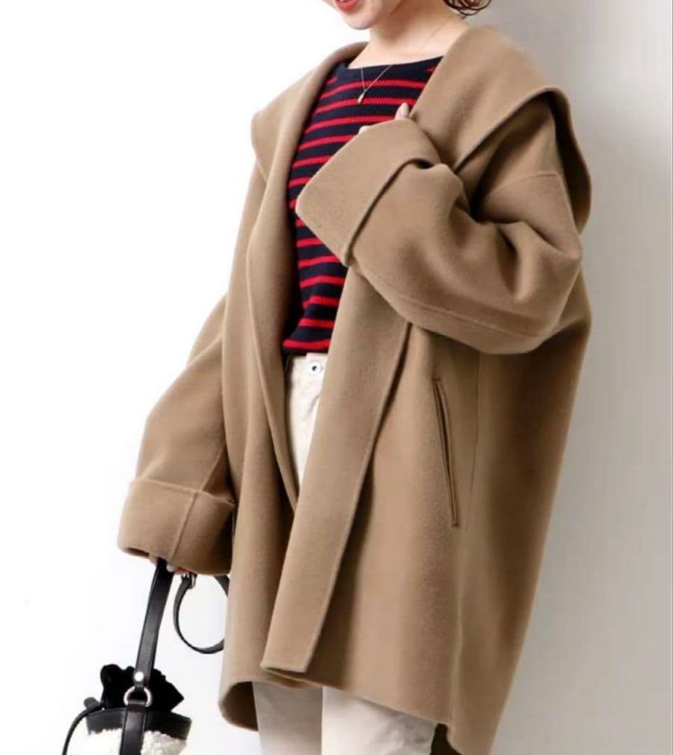 美品＊スピック＆スパン ダブルモッサリバーフーディーガウンコート カシミヤ混