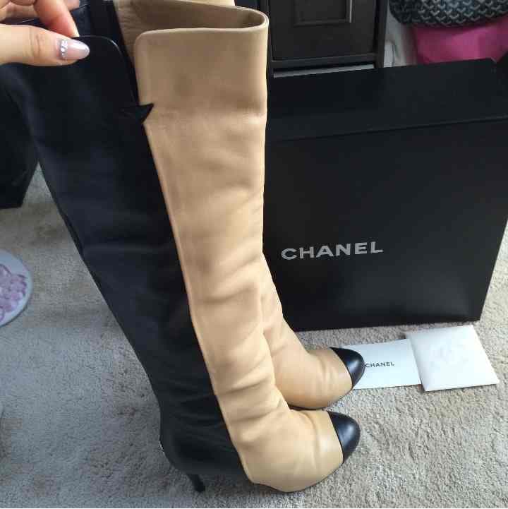 CHANELニーハイバイカラーブーツベージュ黒