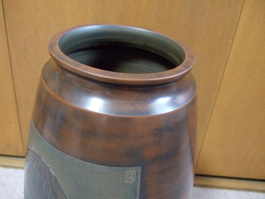 中国美術 欽州 泥興陶 山水彫刻 浮彫 窯変 飾り壺 / 富士山 花瓶 花器