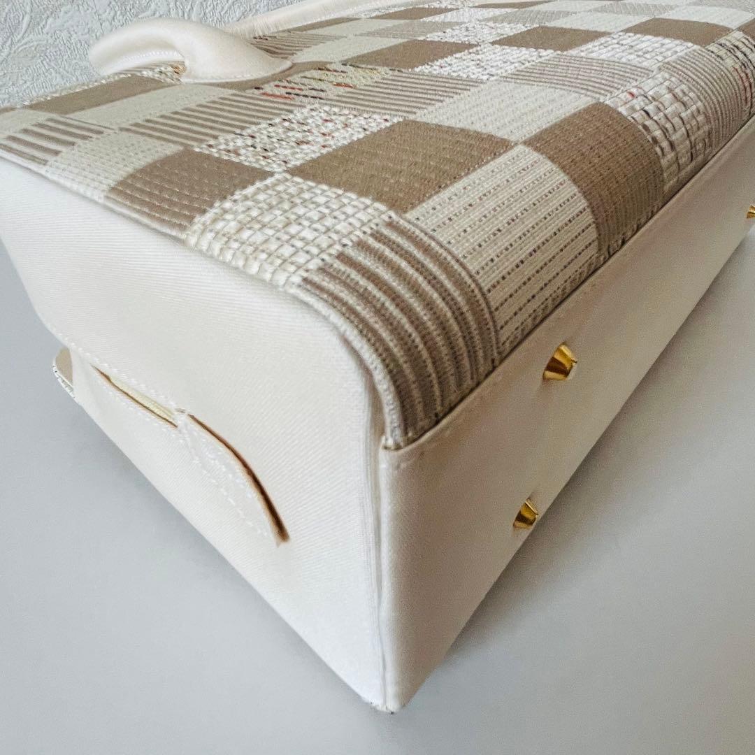 【セール✨】利休バッグ　和装バッグ　アイボリー　チェック柄　底鋲　総柄　春夏秋