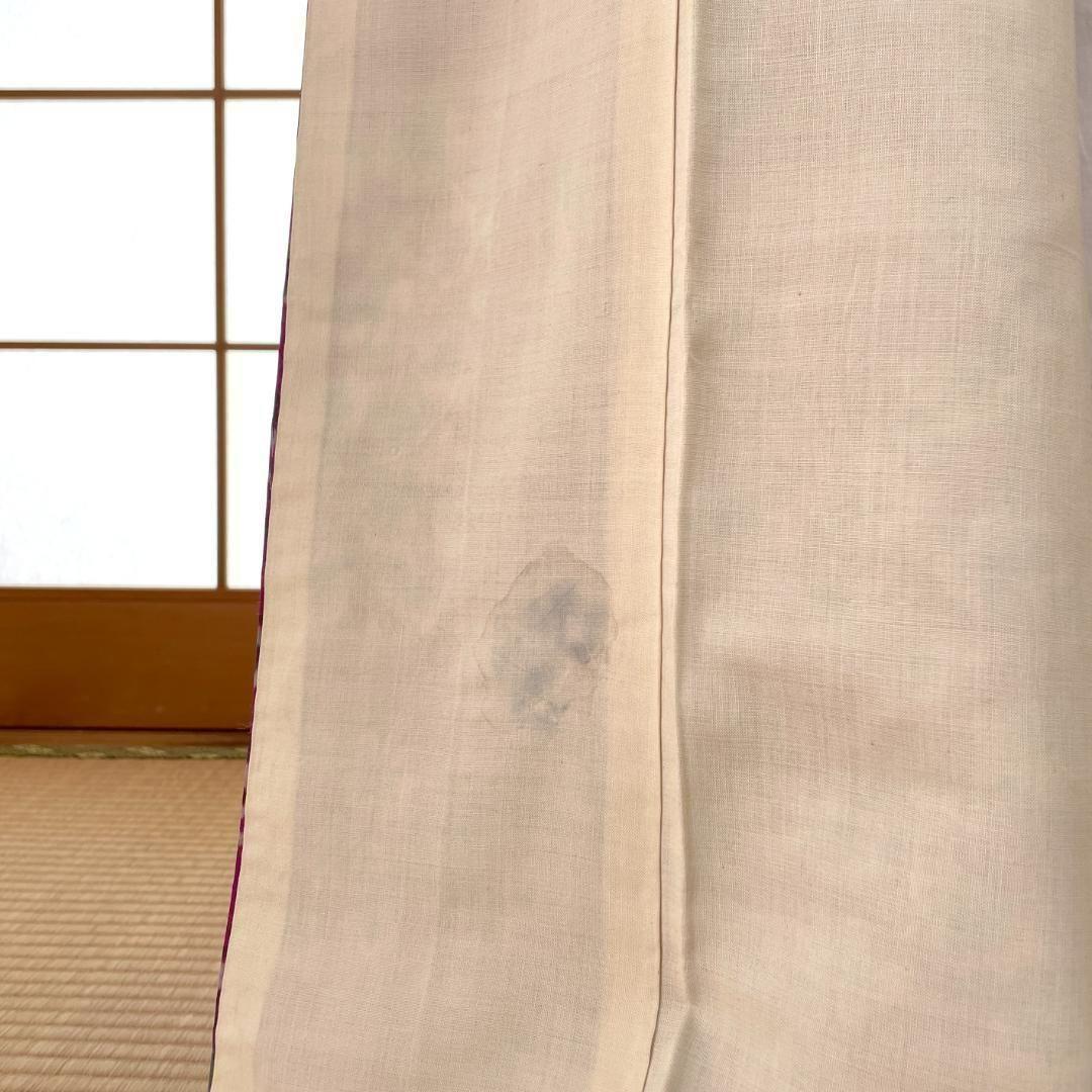 銘仙 着物 袷 正絹 枝花柄 赤紫色 アンティーク着物 A-1635