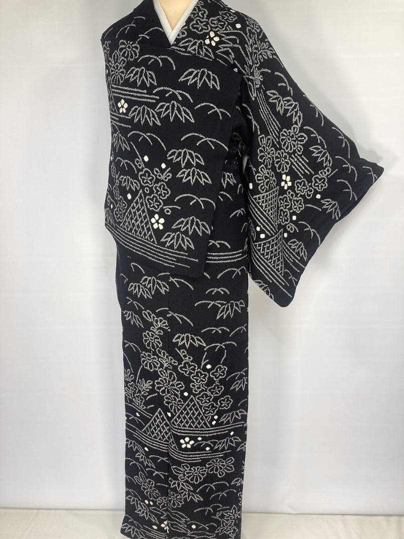 手絞り モノトーン 花柄 網干文 訪問着 京鹿の子絞り 袷 正絹 黒 白1379