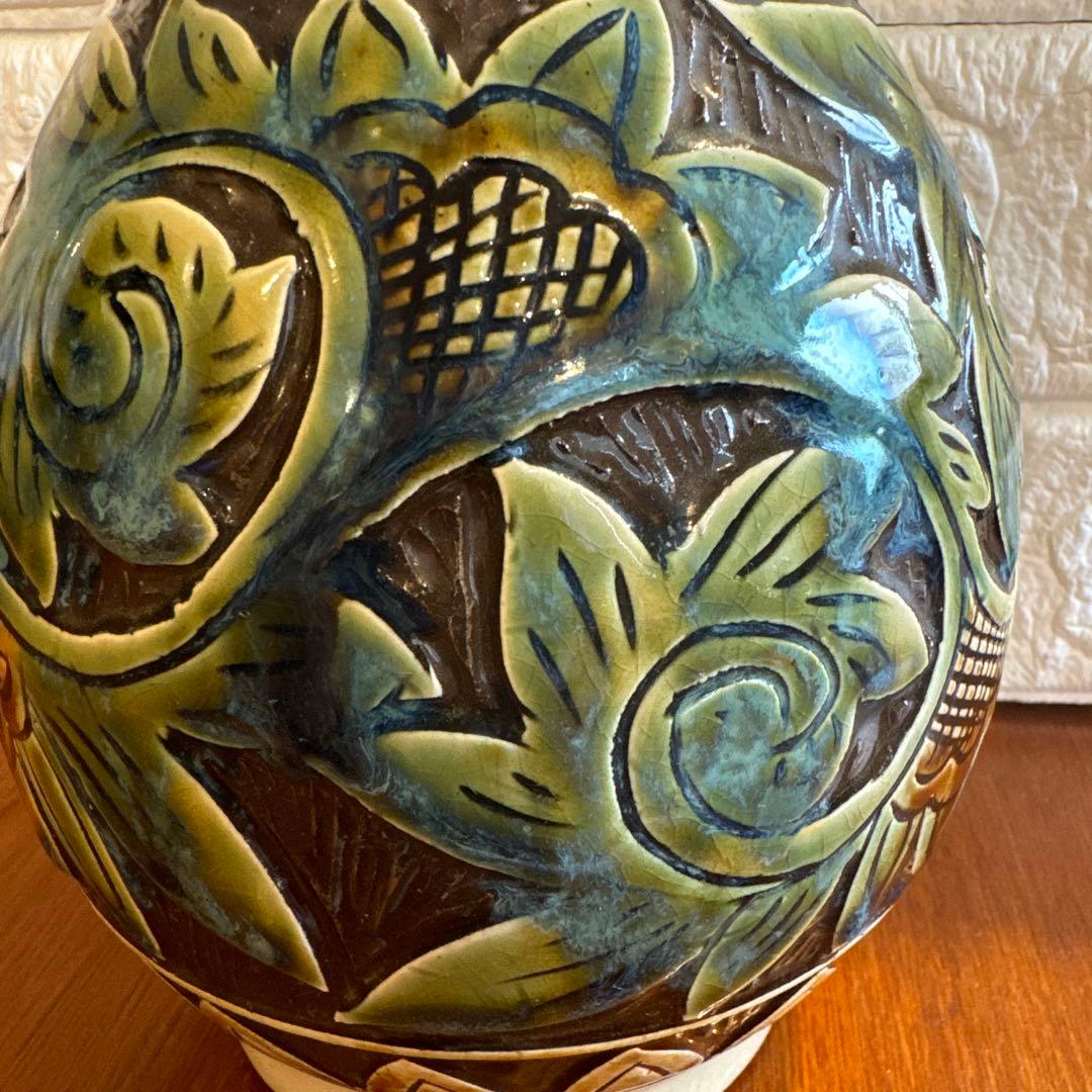 【壺屋焼】故.小橋川永弘.緑釉唐草壺.大