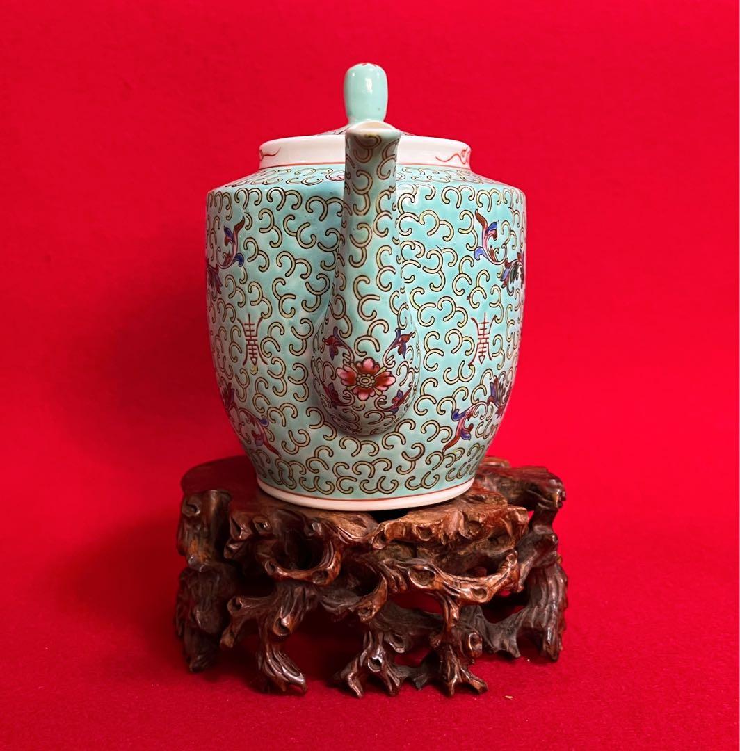中国美術 粉彩福壽双全蝙蝠 壽 花柄 大茶壺 大急須 水注 中國景德鎮 茶道具