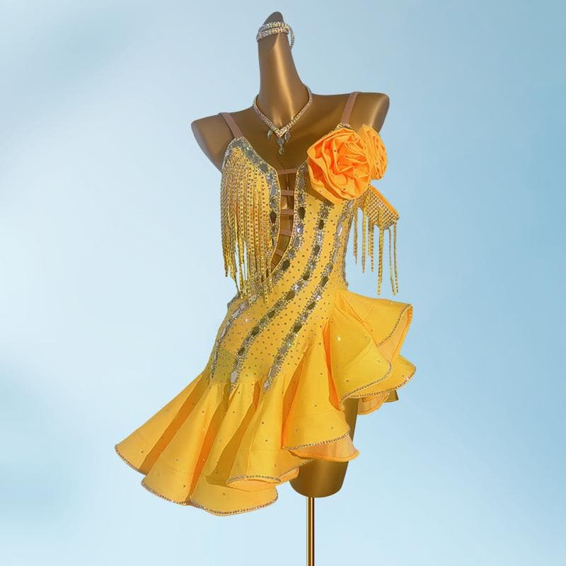 ラテンドレス 高級競技用 ワンショルダー フリル ワンピース ステージ衣 競技会