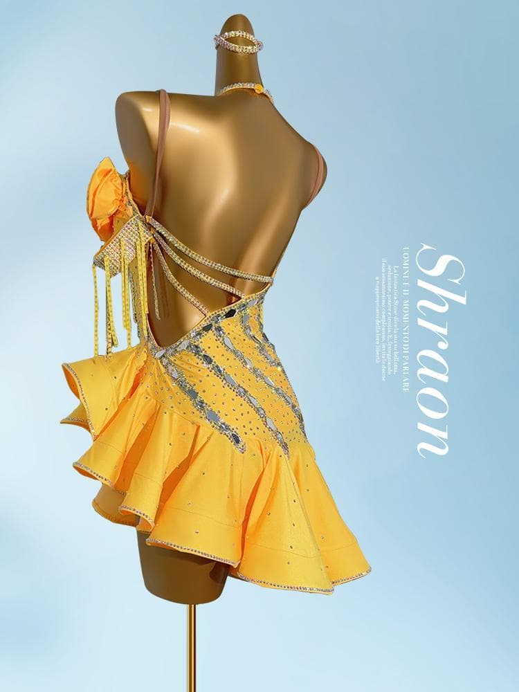 ラテンドレス 高級競技用 ワンショルダー フリル ワンピース ステージ衣 競技会