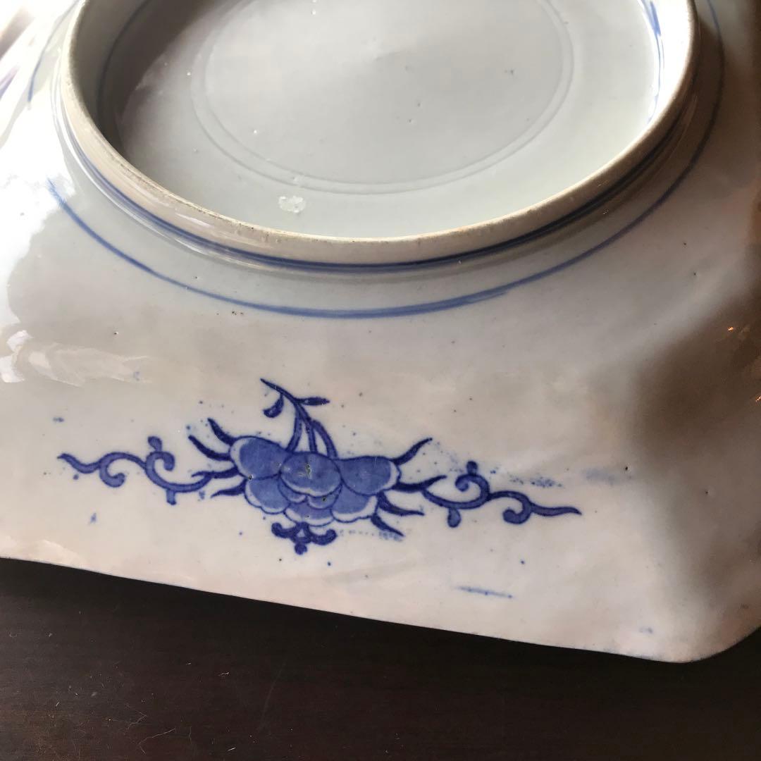 美品　陶器　年代物　盛り皿　角皿　八角絵皿　丁寧に描かれた雷鳥や菊の絵柄が素敵な