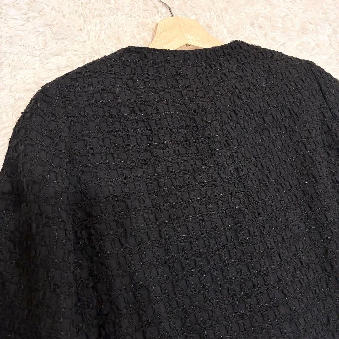 ANAYI ミックスツイード ノーカラー ハーフジャケット パールボタン 黒