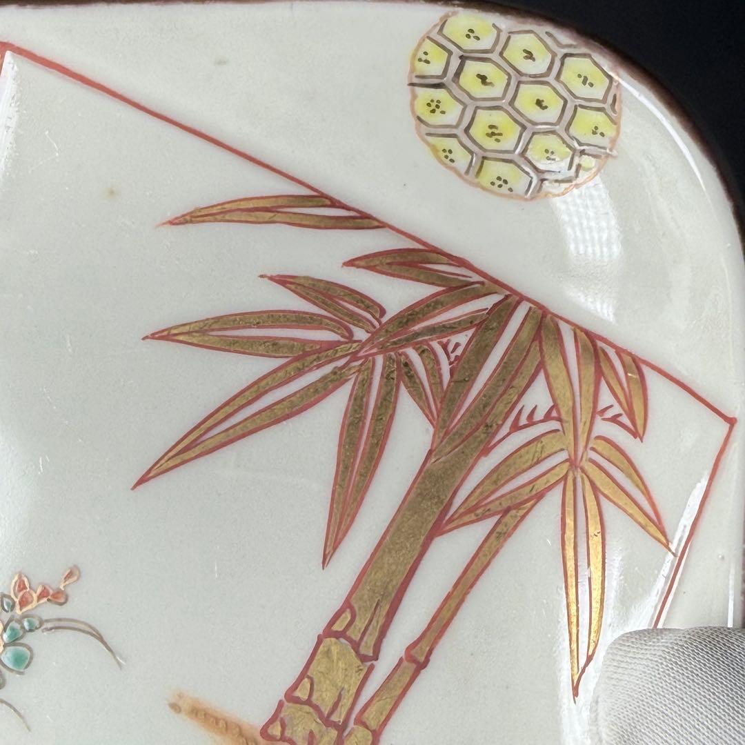 幕末〜明治期　古伊万里　色絵丸文様陽刻四方角皿　五枚　裏赤絵七宝文様　器を楽しむ