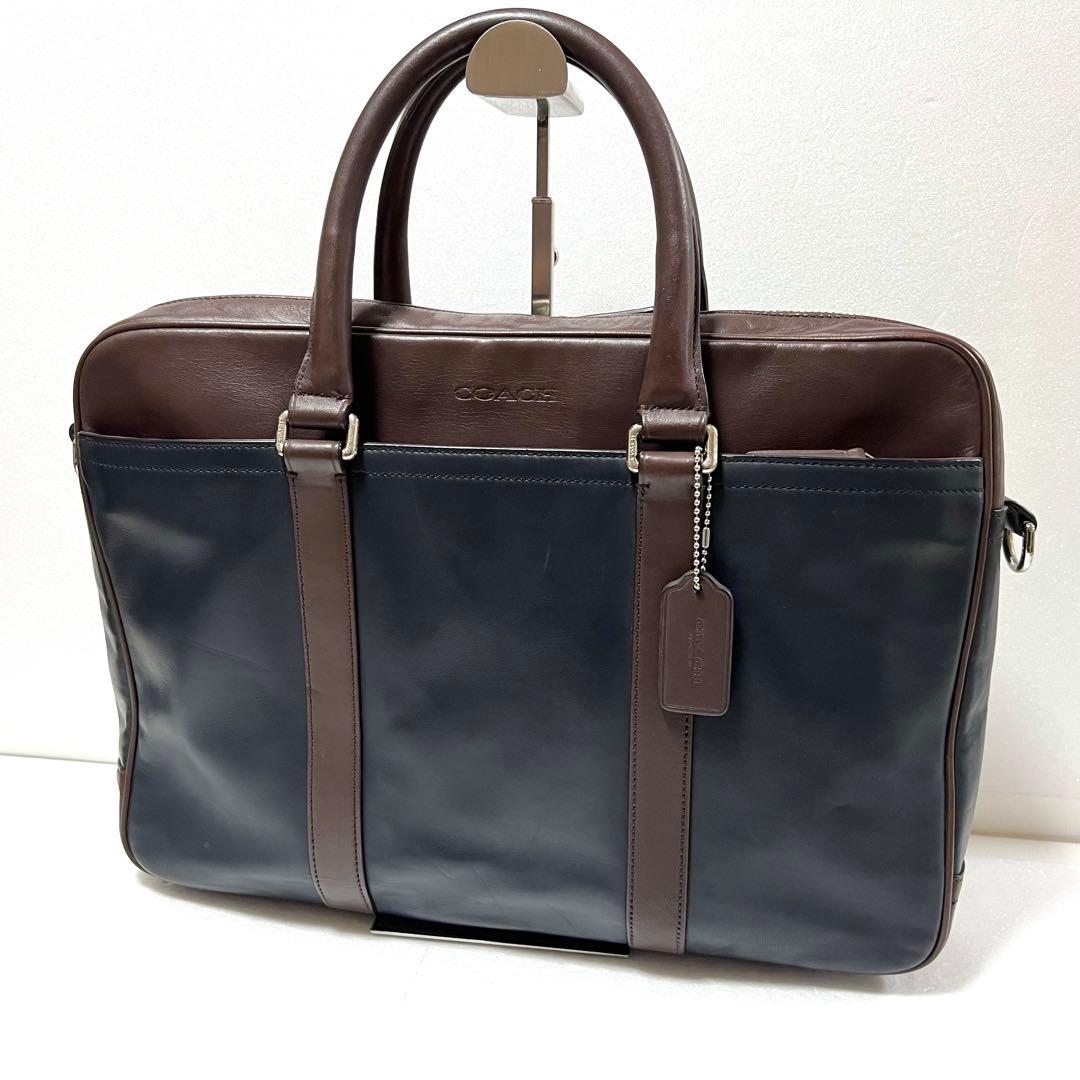 【良品】COACH コーチ ビジネスバッグ ネイビー×ブラウン 71066