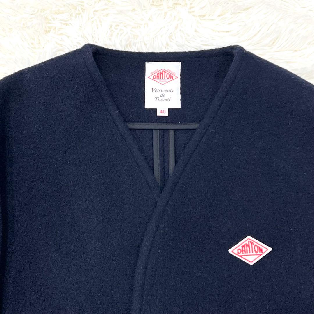 【ダントン】 ウールモッサ Vネック ノーカラー ジャケット 40 ネイビー
