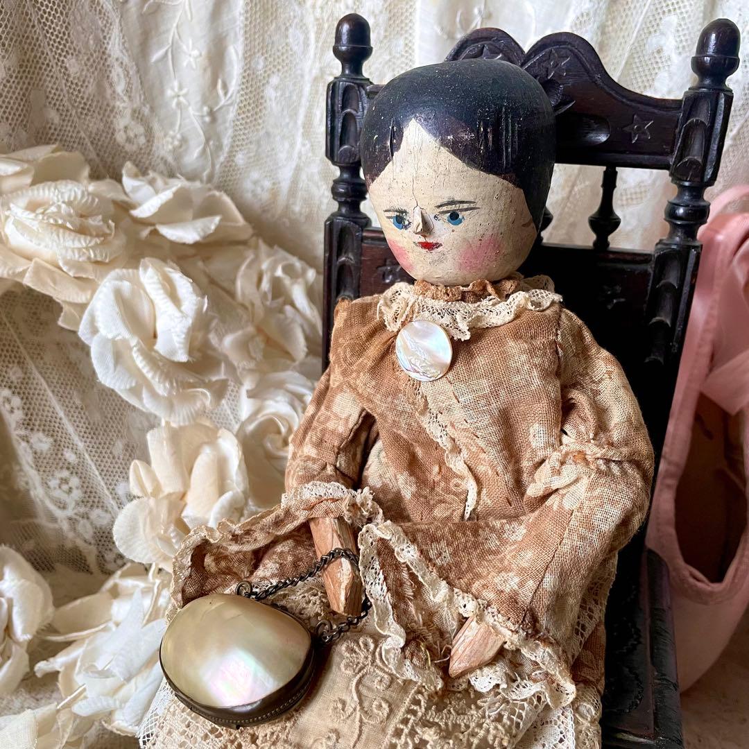 チェーン付きマザーオブパールシンブルケース　白蝶貝　ドール　フランスアンティーク