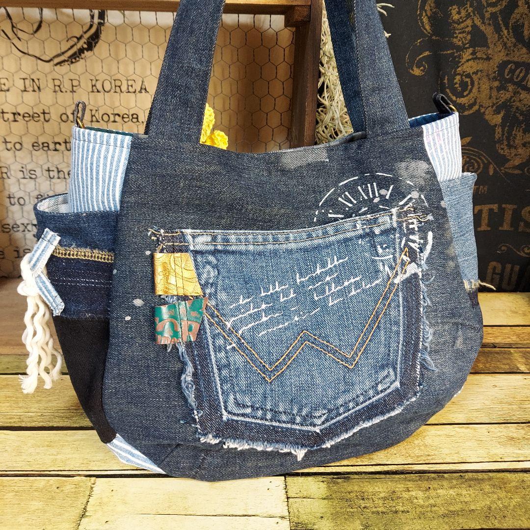 【ぽこぽん】刺繍デニムバックNo.633　刺繍ポーチNo.183