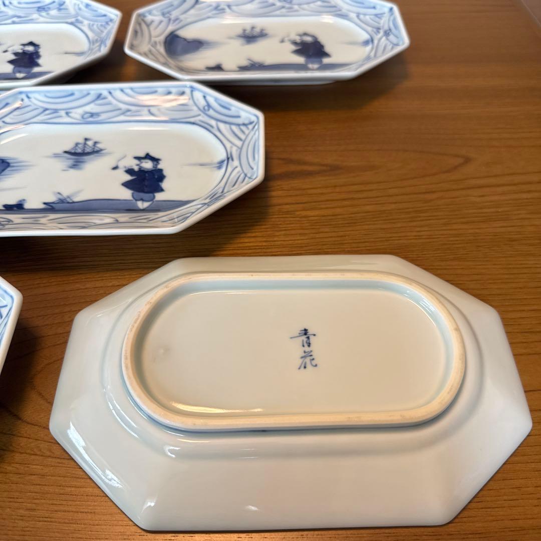 有田焼　青花　八画長角皿5枚セット