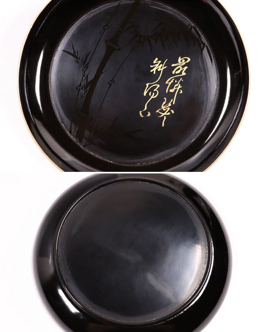 木製漆器 時代 竹図 闇蒔絵 黒塗銘々盆 十九客 15.8cm 木皿 MA17