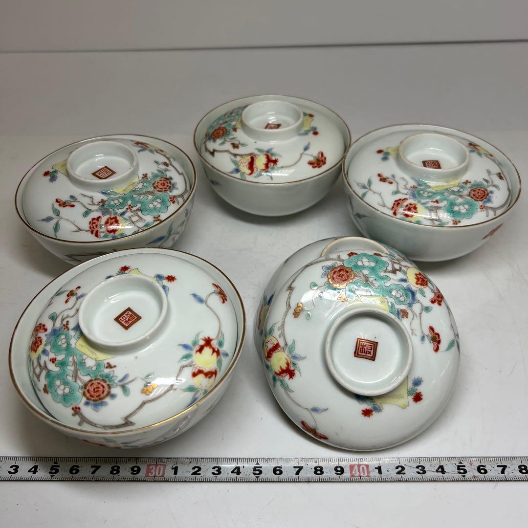 江戸後期　柿右衛門蓋茶碗　5客　幅約11㎝　 東R8-0214☆2F