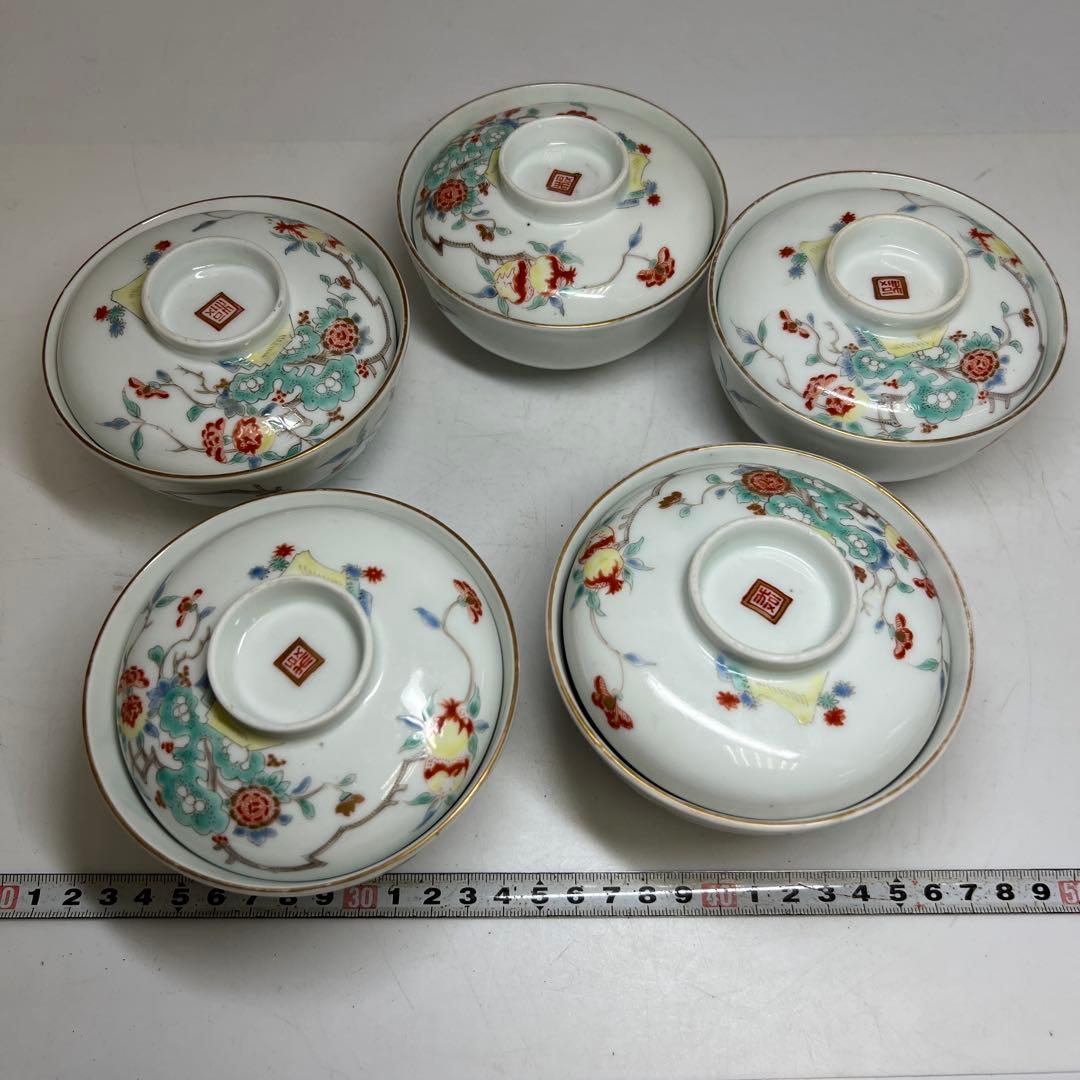 江戸後期　柿右衛門蓋茶碗　5客　幅約11㎝　 東R8-0214☆2F