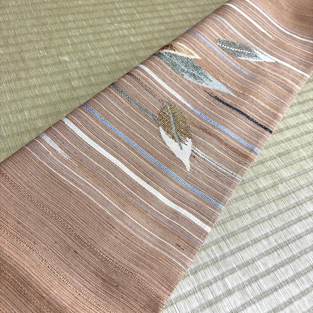 正絹　紬　袋帯《縞　葉模様》