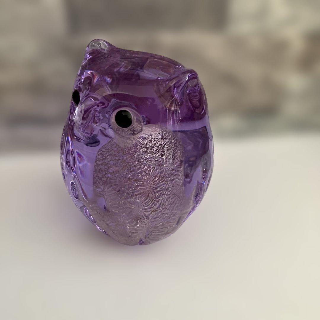 津軽びいどろ　梟　フクロウ　紫苑　パープル　鳥　ガラス置物　クリスタル　オブジェ