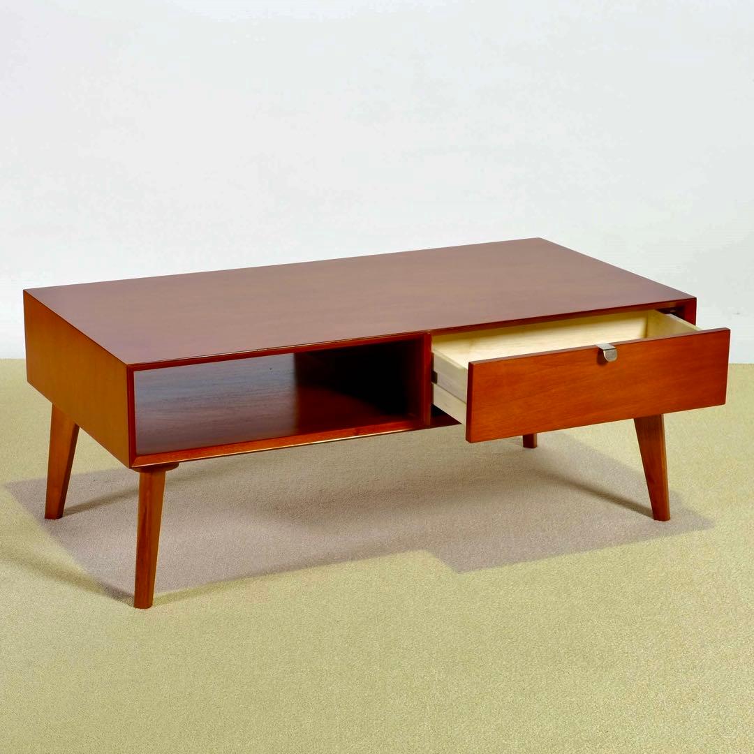 M 新品 北欧 センターテーブル ローテーブル 木製 机 座卓 引き出し 赤茶色