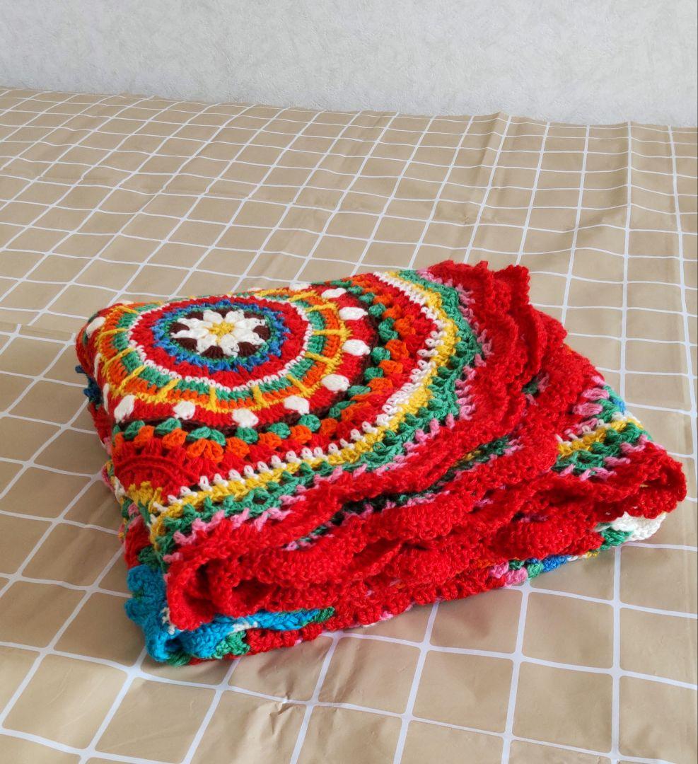 C426　手編みマルチカバー　ブランケット　モチーフ編み　大判　曼陀羅クロッシェ