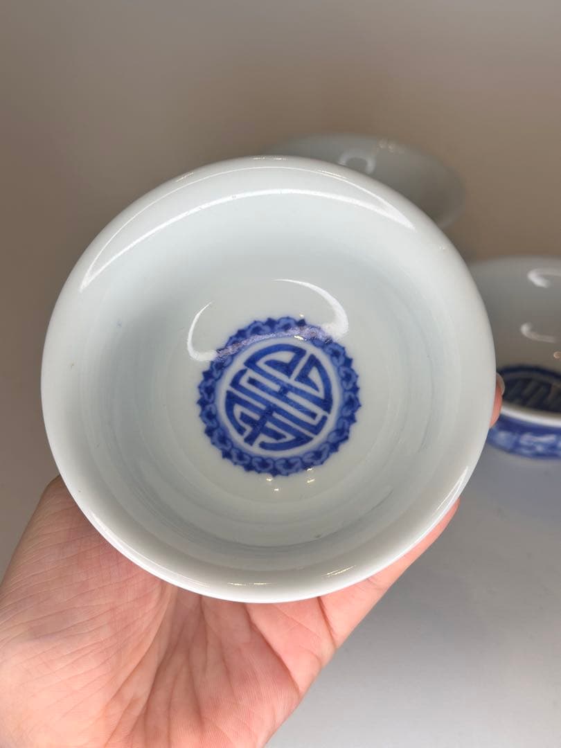 清時代　青花　染付　人物泛舟文　盃　三点組　詩文有　中国古美術