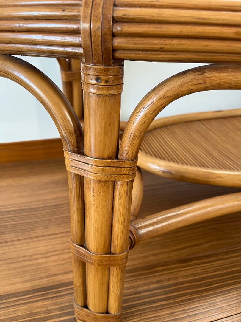 【ラタン　ガラス天板付ローテーブル】