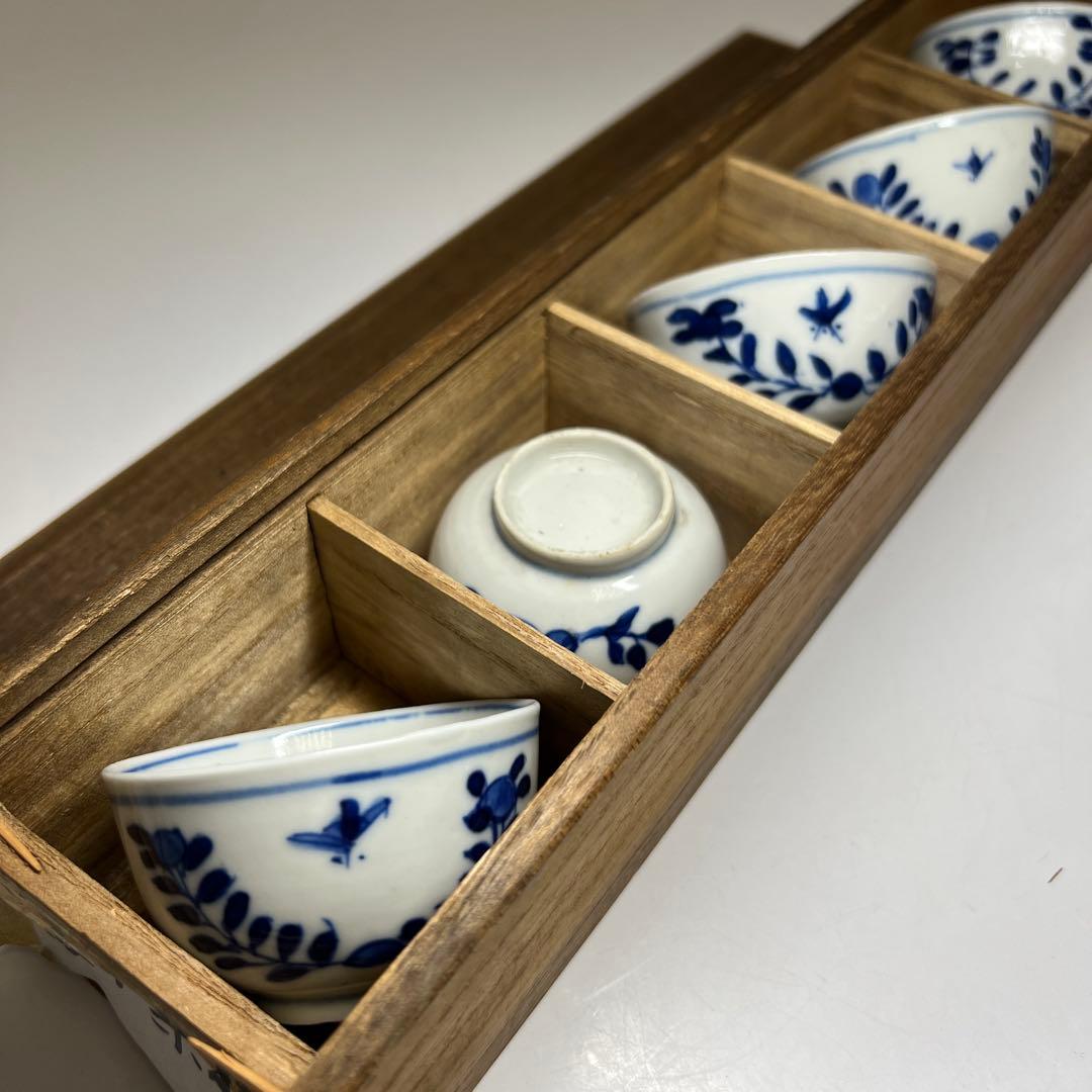 中国清時代　新渡染付煎茶碗5客　木箱付　口径約6.5㎝　東Y7-1105☆2F