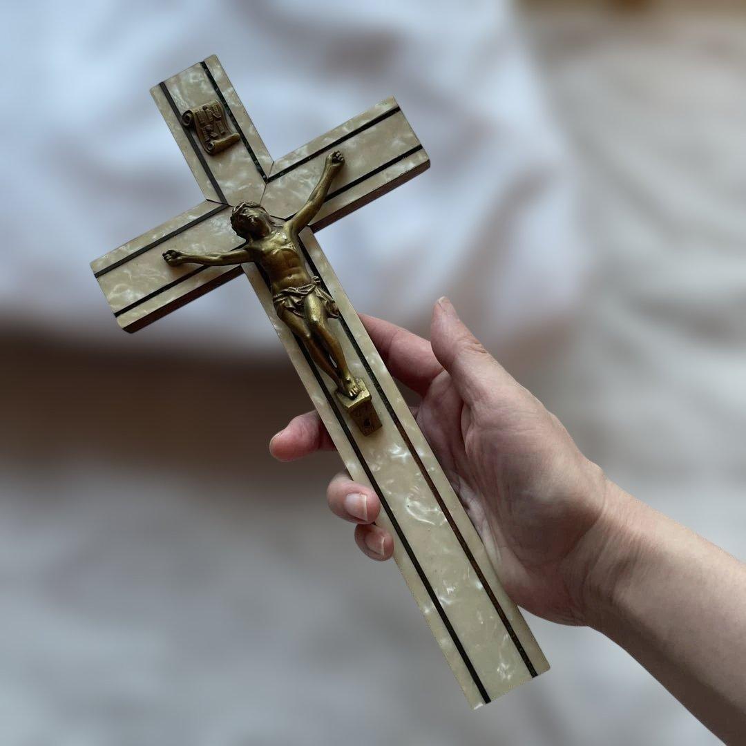 フランス　ブロカント　キリスト　十字架　キリスト教　磔刑　オブジェ　真鍮　木製