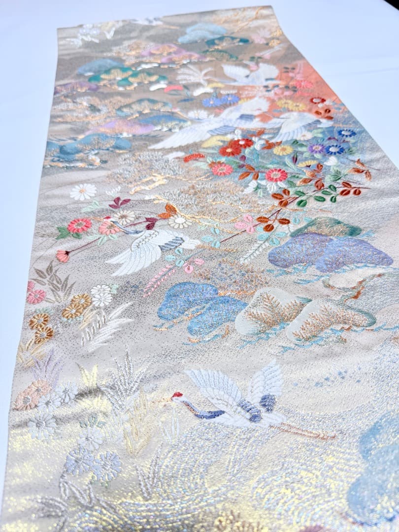 高級 袋帯 正絹 六通柄 九百錦 シャンパンゴールド 唐織 丹頂鶴 訪問着