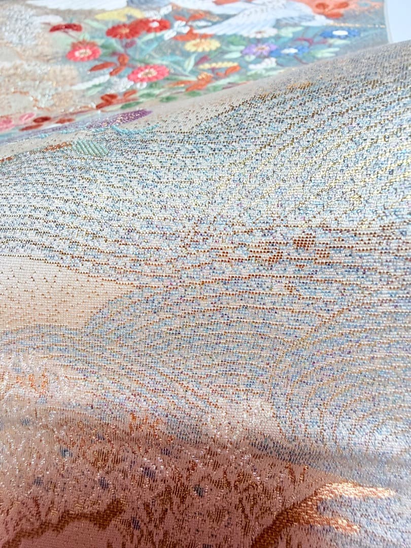 高級 袋帯 正絹 六通柄 九百錦 シャンパンゴールド 唐織 丹頂鶴 訪問着