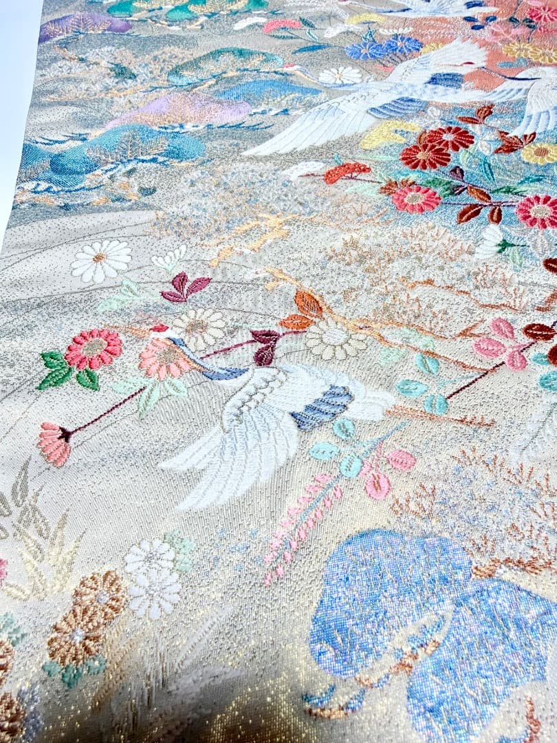 高級 袋帯 正絹 六通柄 九百錦 シャンパンゴールド 唐織 丹頂鶴 訪問着