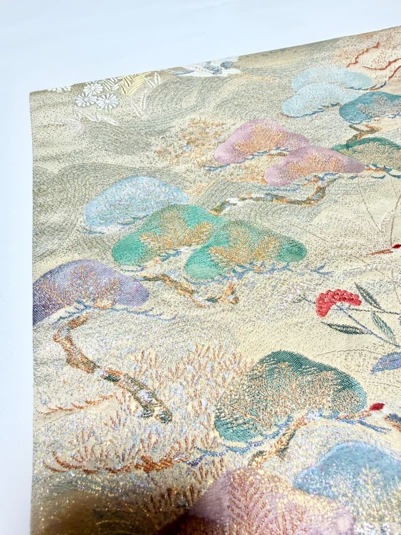 高級 袋帯 正絹 六通柄 九百錦 シャンパンゴールド 唐織 丹頂鶴 訪問着