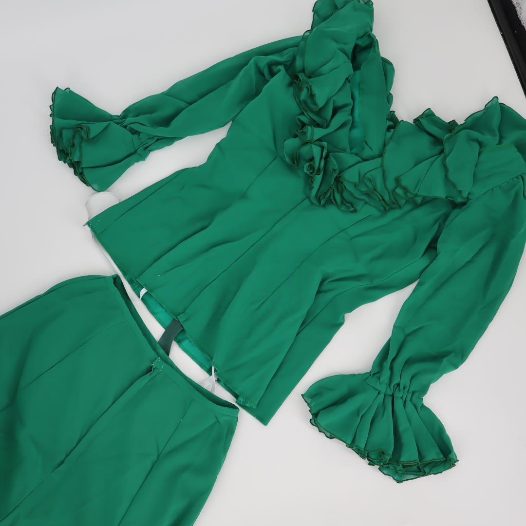 【美品 フラメンコ衣装】グリーン×イエロー×豪華フリル ブラウス ファルダ