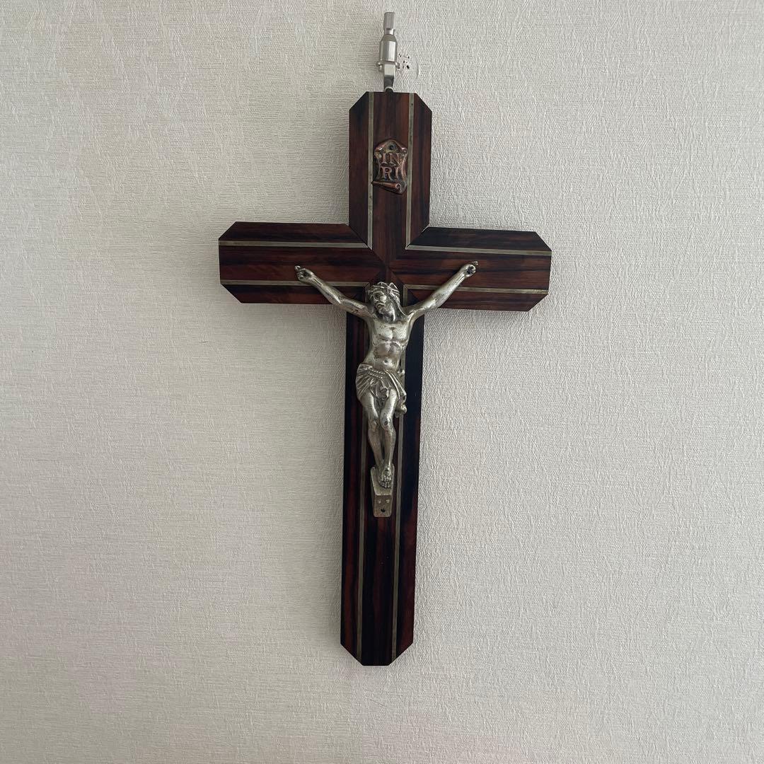ブロカント　フランス　キリスト　磔刑　エボニー　十字架　壁掛け　真鍮　木製　黒檀