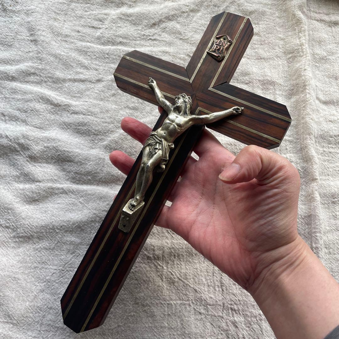 ブロカント　フランス　キリスト　磔刑　エボニー　十字架　壁掛け　真鍮　木製　黒檀