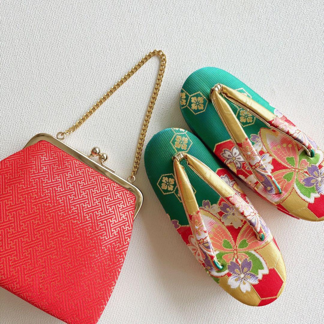 フルセット　七五三　７歳女の子　赤　桜蝶　未使用袋帯　緑地　簡単半衿　7093