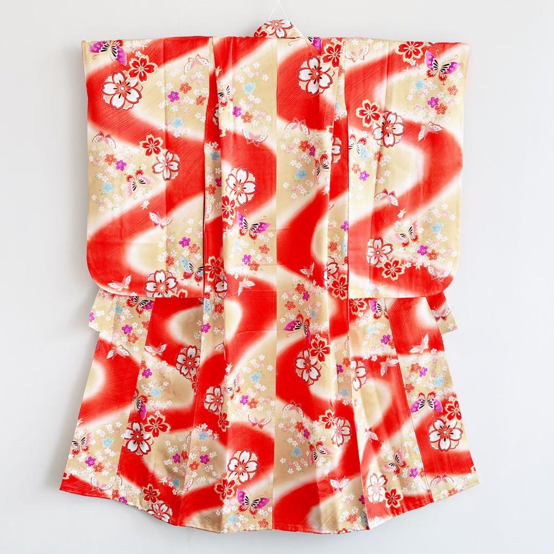 フルセット　七五三　７歳女の子　赤　桜蝶　未使用袋帯　緑地　簡単半衿　7093
