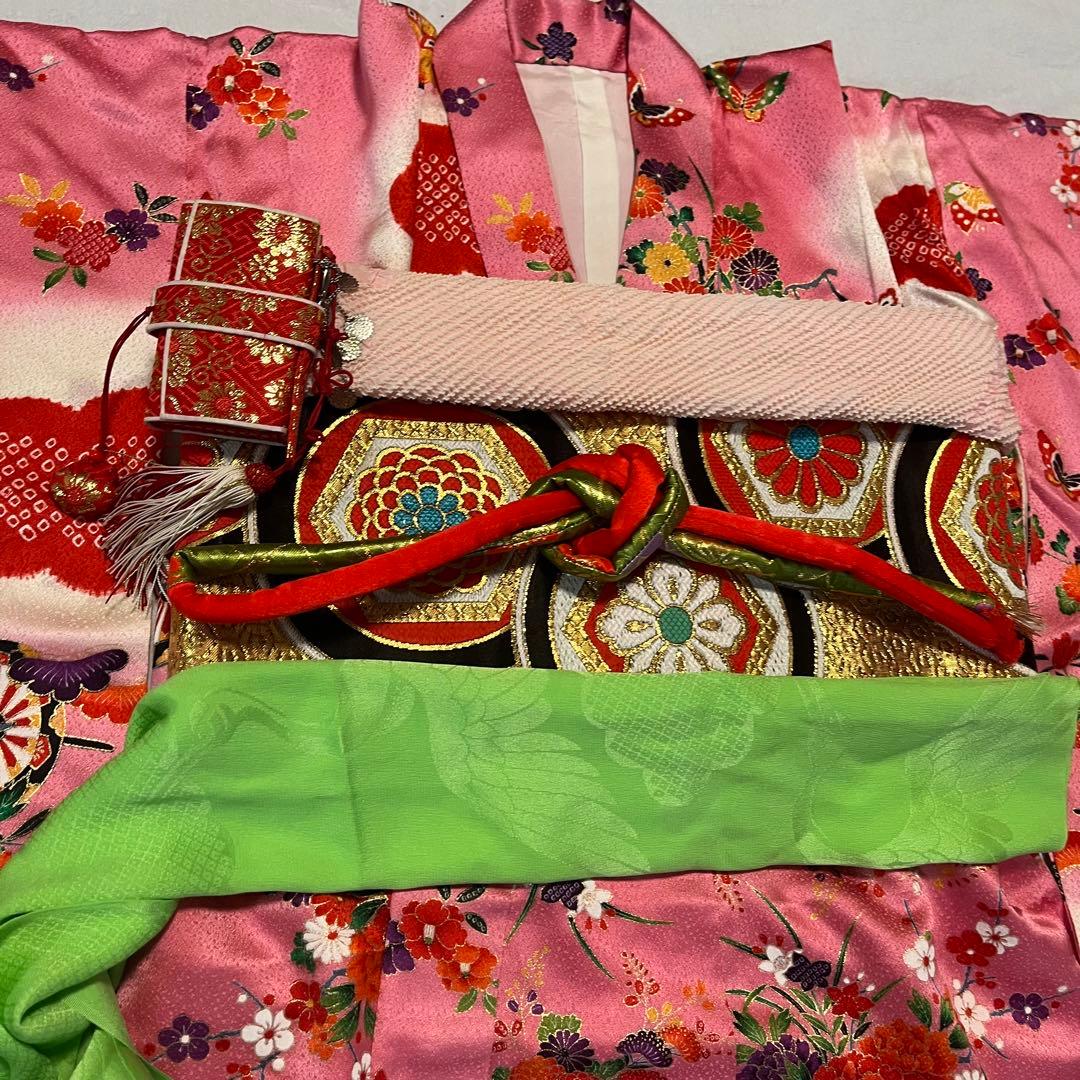 七五三　7歳　ピンク　アンティーク　着物セット　正絹