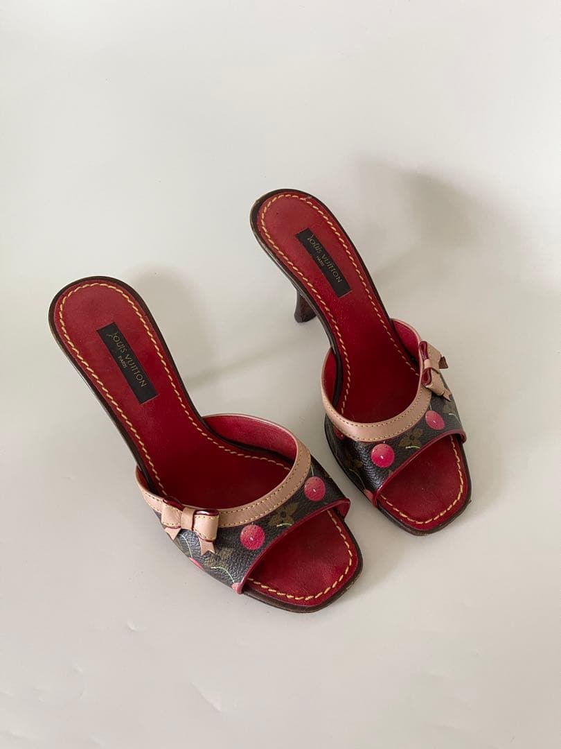 正規品 ルイヴィトン 村上隆コラボ チェリー柄 サンダル ミュール ヒール